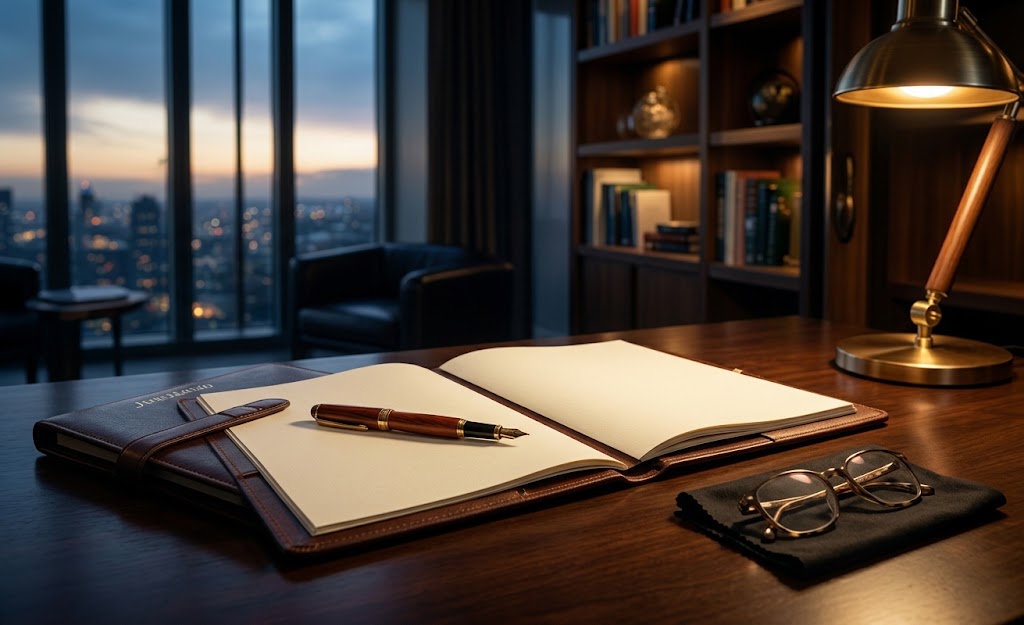 Lawyer's desk at dusk with a leather folio, fountain pen and blank papers