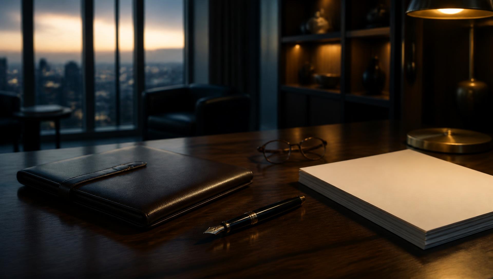 Lawyer's desk at dusk with a leather folio, fountain pen and blank papers