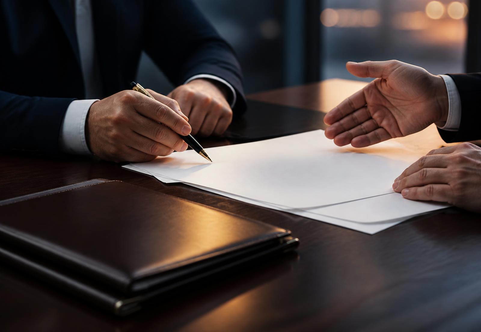 Two lawyers reviewing unmarked documents across a dark wood table at dusk